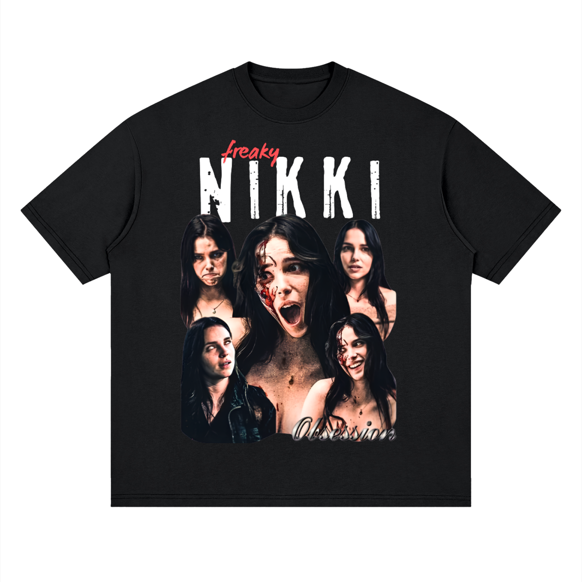 A black OBSESSION graphic t-shirt that features a large front print with the text 'freaky NIKKI' in white and red, and a collage of five of Nikki's Freaky facial expressions with the word 'Obsession' written in cursive at the bottom.